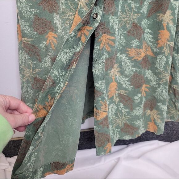 VINTAGE 90s dress corduroy green leaf print button up maxi M - Picture 4 of 11